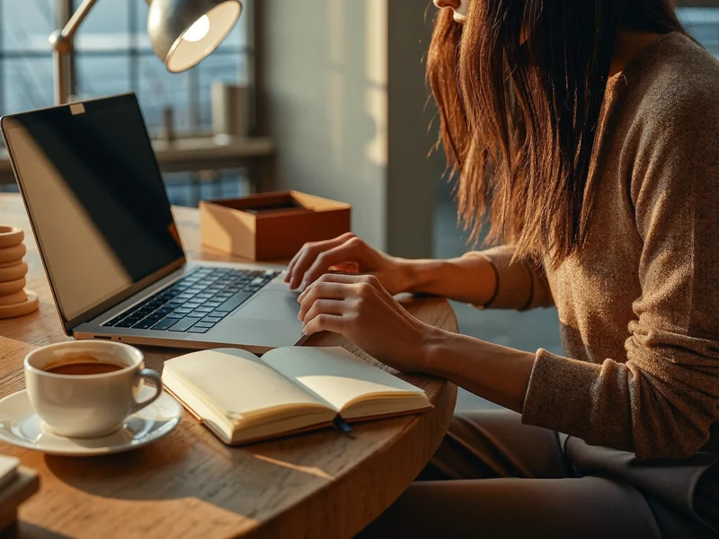 Person arbeitet konzentriert am Laptop, daneben Notizbuch und Kaffee