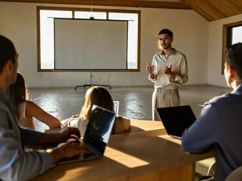 Dozent erklärt im Workshopraum, Teilnehmende arbeiten an offenen Laptops